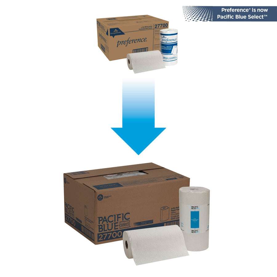 Pacific Blue Select Perforated Paper Towel Roll - 2 Ply - 8.80" Width x 11" Length - 250 Sheets/Roll - White - 12 / Carton
