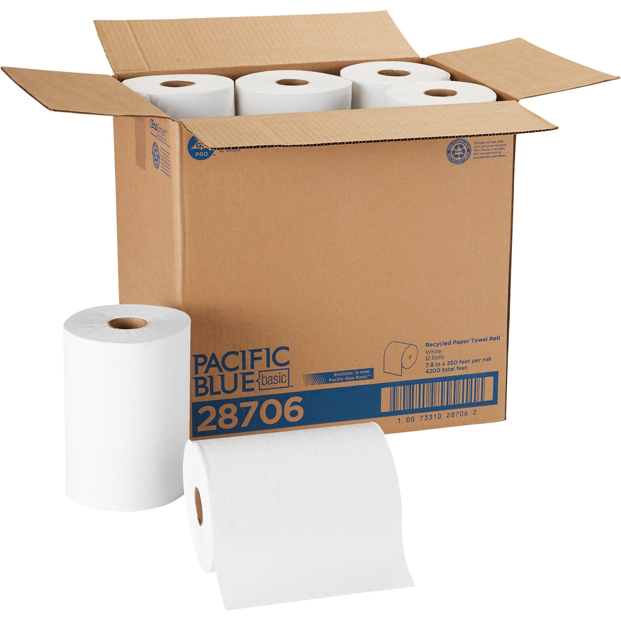 Pacific Blue Basic Paper Roll Towel - 1 Ply - 7.87" Width x 350 ft Length - White - 12 / Carton