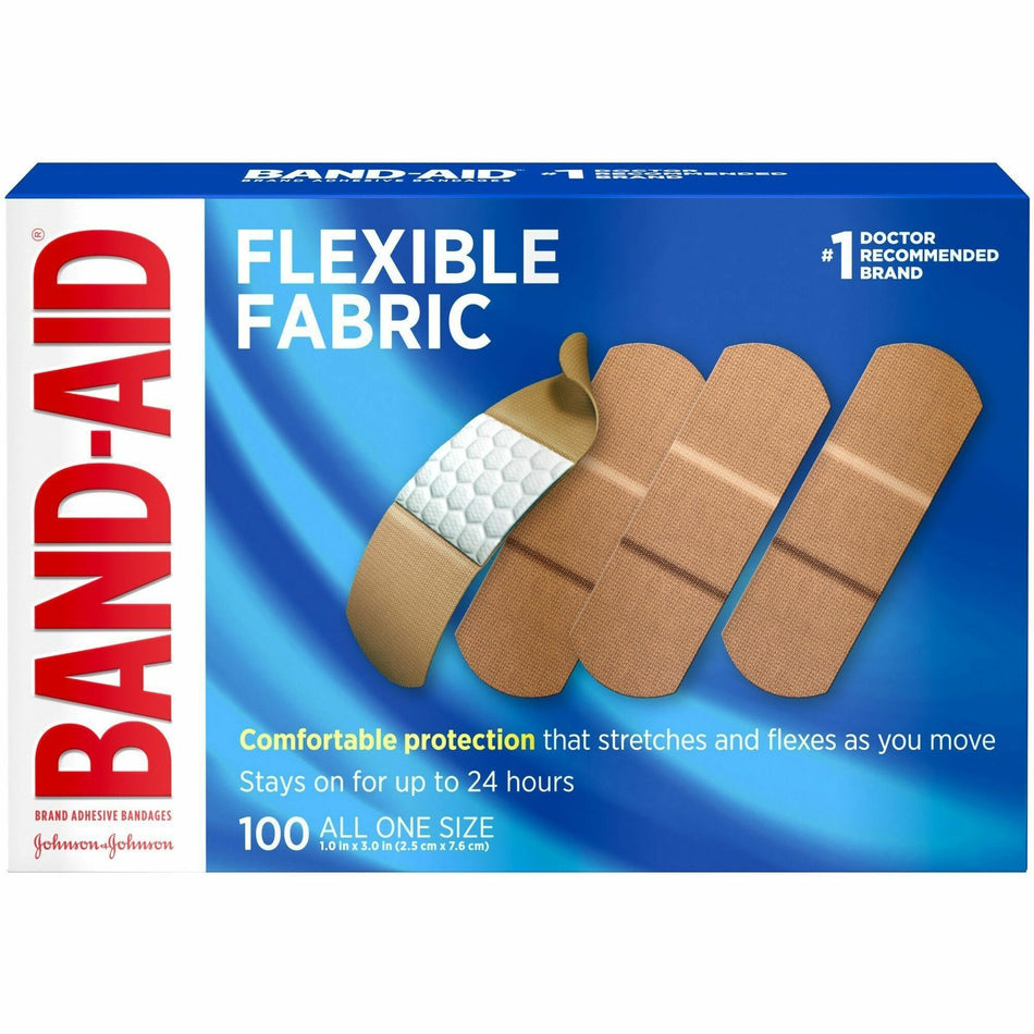 Band-Aid Flexible Fabric Adhesive Bandages - 1" Width - Beige - Fabric - 100 / Box