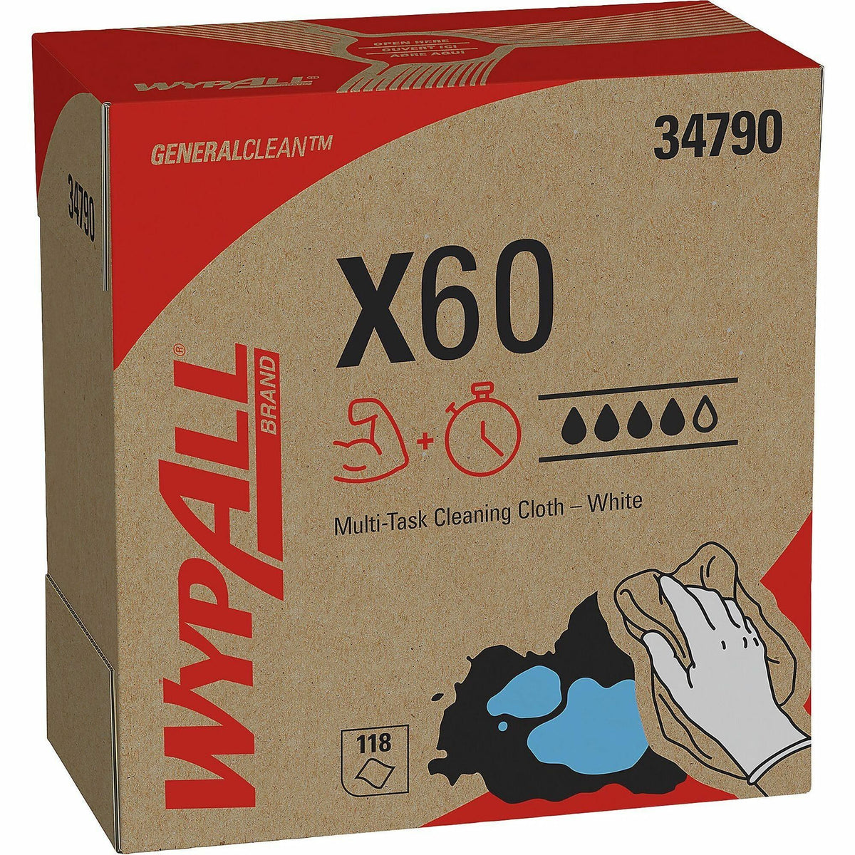 Wypall GeneralClean X60 Multi-Task Cleaning Cloths - Pop-Up Box - 8.34" Width x 16.80" Length - White - Hydroknit - 118 / Box