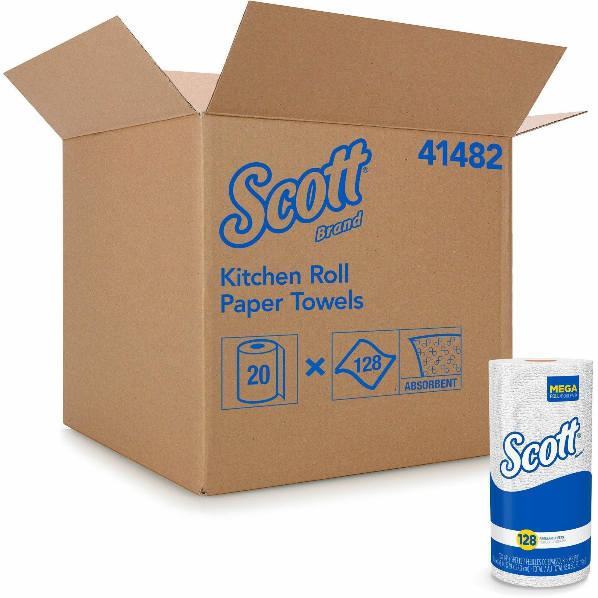 Scott® Kitchen Paper Towels with Fast-Drying Absorbency Pockets - 1 Ply - 11" Width x 8.78" Length - 128 Sheets/Roll - 4.90" Roll Diameter - White - 20 / Carton