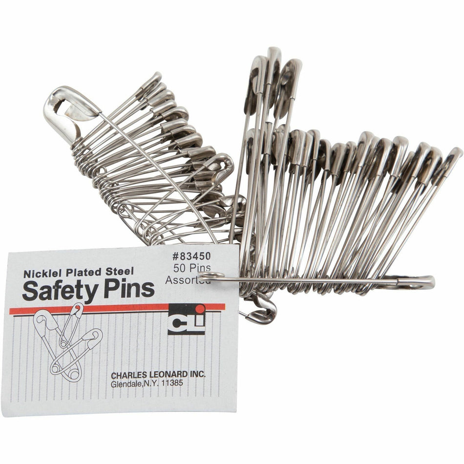 Charles Leonard Safety Pins - Assorted Sizes - Nickel Plated - 50 / Pack
