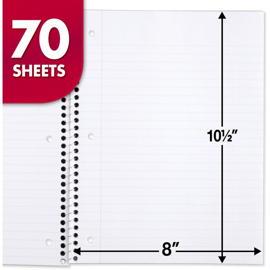 Mead Wide Ruled 1-Subject Notebook - 70 Sheets - Spiral - Wide Ruled Front Ruling - 8" x 10 1/2" Sheet Size - White Paper - Assorted Cover - Hole-punched, Micro Perforated - 1 Each