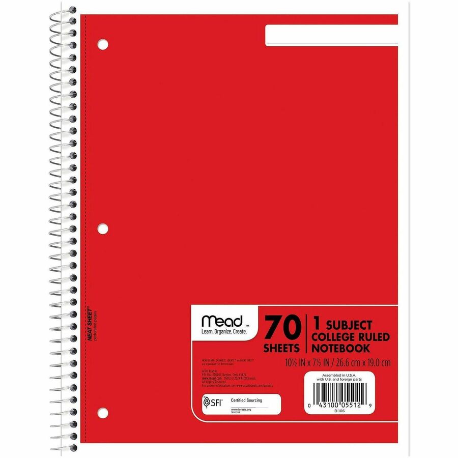 Mead One-subject Spiral Notebook - 70 Sheets - Spiral - College Ruled Front Ruling - 8" x 10 1/2" Sheet Size - White Paper - Assorted Board Cover - Heavyweight, Punched - 1 Each