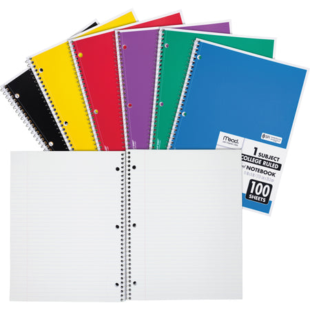 Mead One-subject Spiral Notebook - 100 Sheets - Spiral - College Ruled Front Ruling - 8" x 10 1/2" Sheet Size x 8" Width x 10.5" Length - White Paper - Back Board - 1 Each