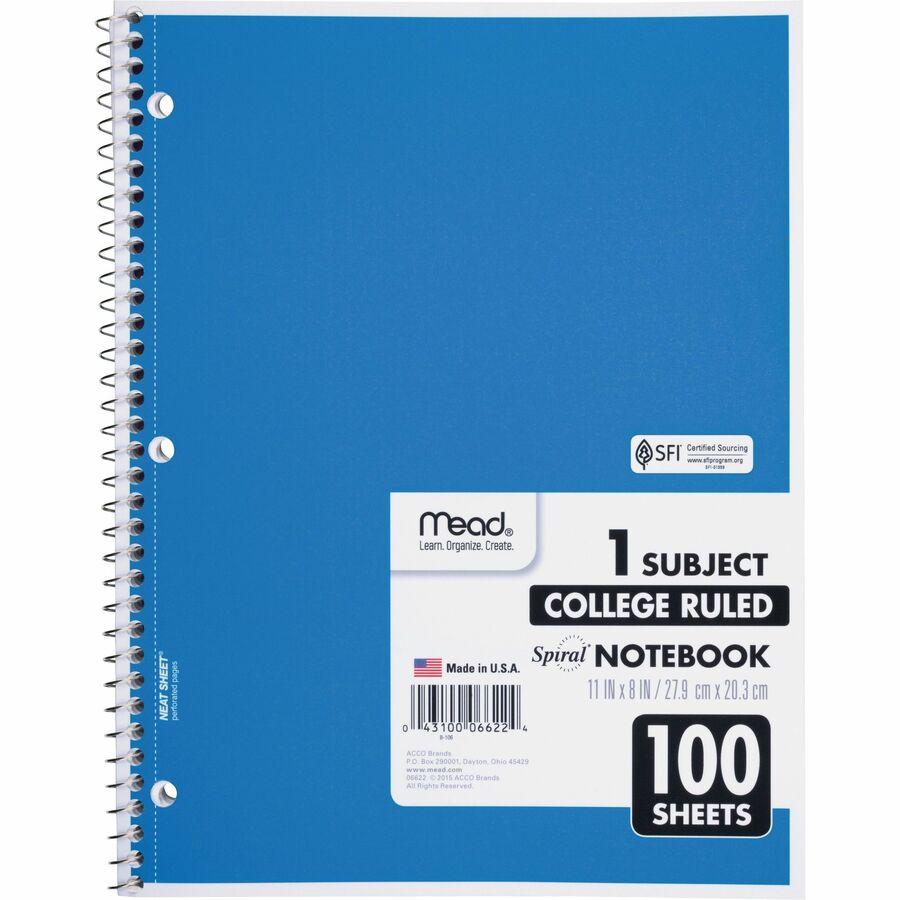 Mead One-subject Spiral Notebook - 100 Sheets - Spiral - College Ruled Front Ruling - 8" x 10 1/2" Sheet Size x 8" Width x 10.5" Length - White Paper - Back Board - 1 Each