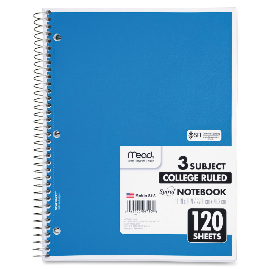 Mead 3-Subject Wire-bound Notebook - Letter-size - 120 Sheets - Spiral - College Ruled Front Ruling - Letter - 8" x 11" Sheet Size - White Paper - Assorted Cover - Back Board - 1 Each