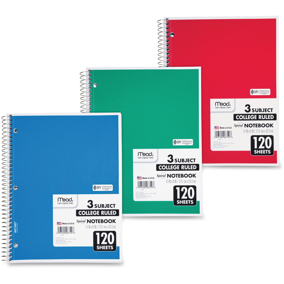 Mead 3-Subject Wire-bound Notebook - Letter-size - 120 Sheets - Spiral - College Ruled Front Ruling - Letter - 8" x 11" Sheet Size - White Paper - Assorted Cover - Back Board - 1 Each