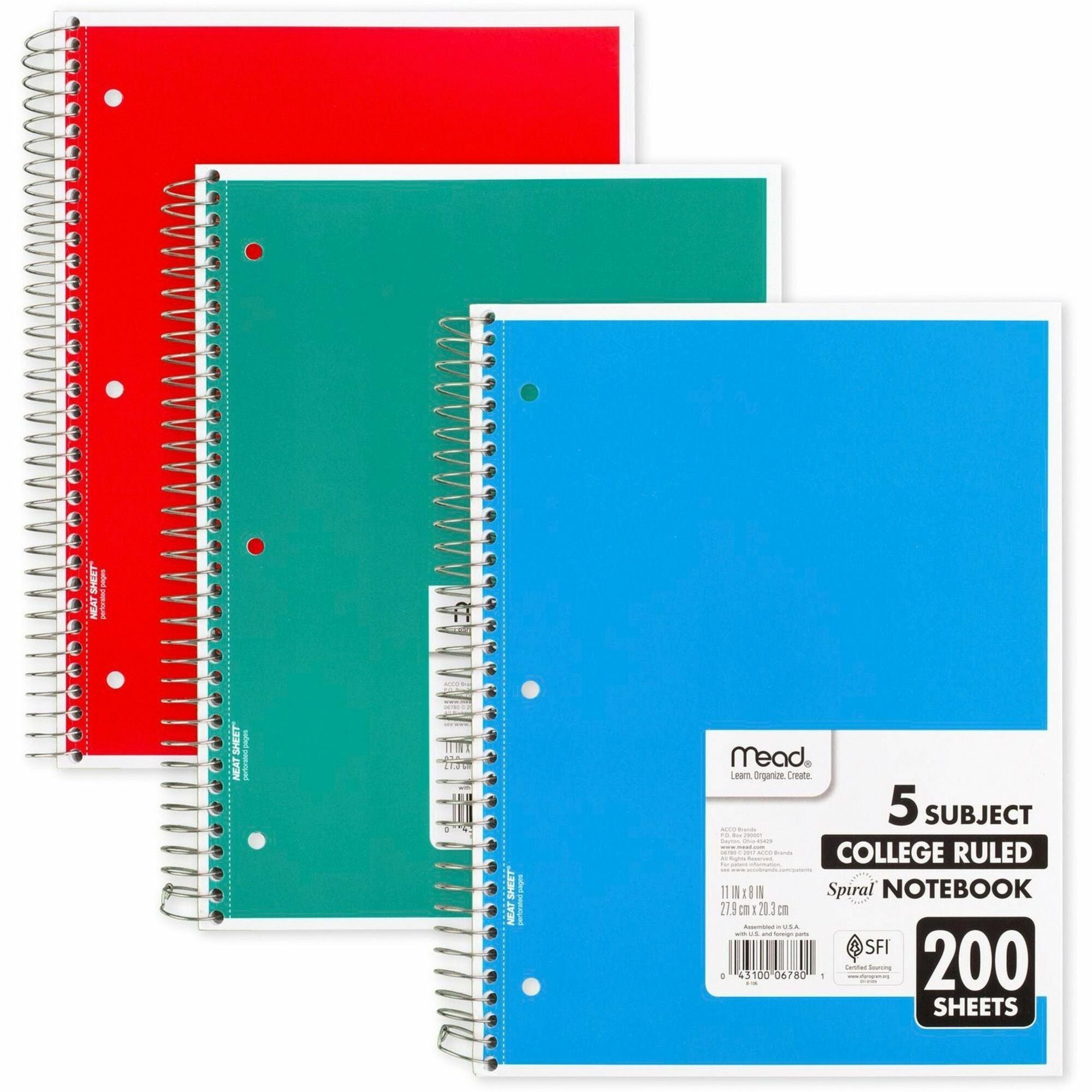 Mead 5-Subject Wire-bound Notebook - Letter-size - 200 Sheets - Spiral - College Ruled Front Ruling - Letter - 8 1/2" x 11" Sheet Size - White Paper - Assorted Cover - Back Board, Heavyweight - 1 Each