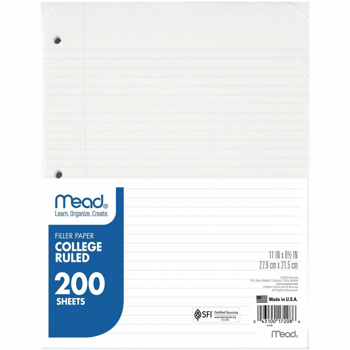 Mead Notebook Filler Paper - Letter - 200 Sheets - Spiral - 0.31" Ruled - Ruled Red Margin - 16 lb Basis Weight - Letter - 8 1/2" x 11" Sheet Size - White Paper - 200 / Pack