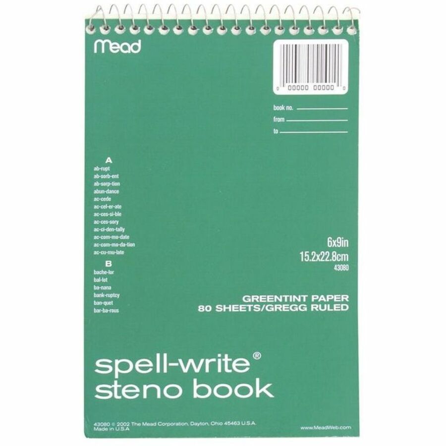 Mead Spell-Write Steno Book - 80 Sheets - Wire Bound - 6" x 9" Sheet Size - Green Paper - Cardboard Cover - 1 Each