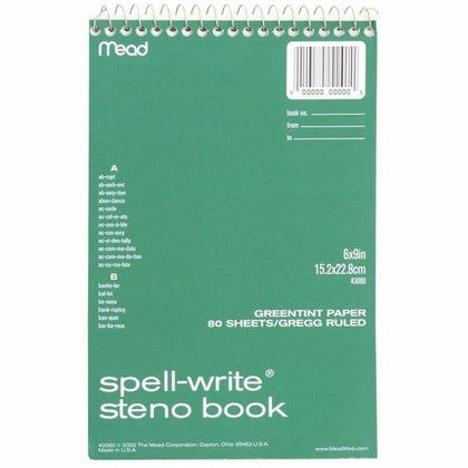 Mead Spell-Write Steno Book: 80 Sheets 6’’ x 9’’ Wire Bound Green Paper - Notebooks