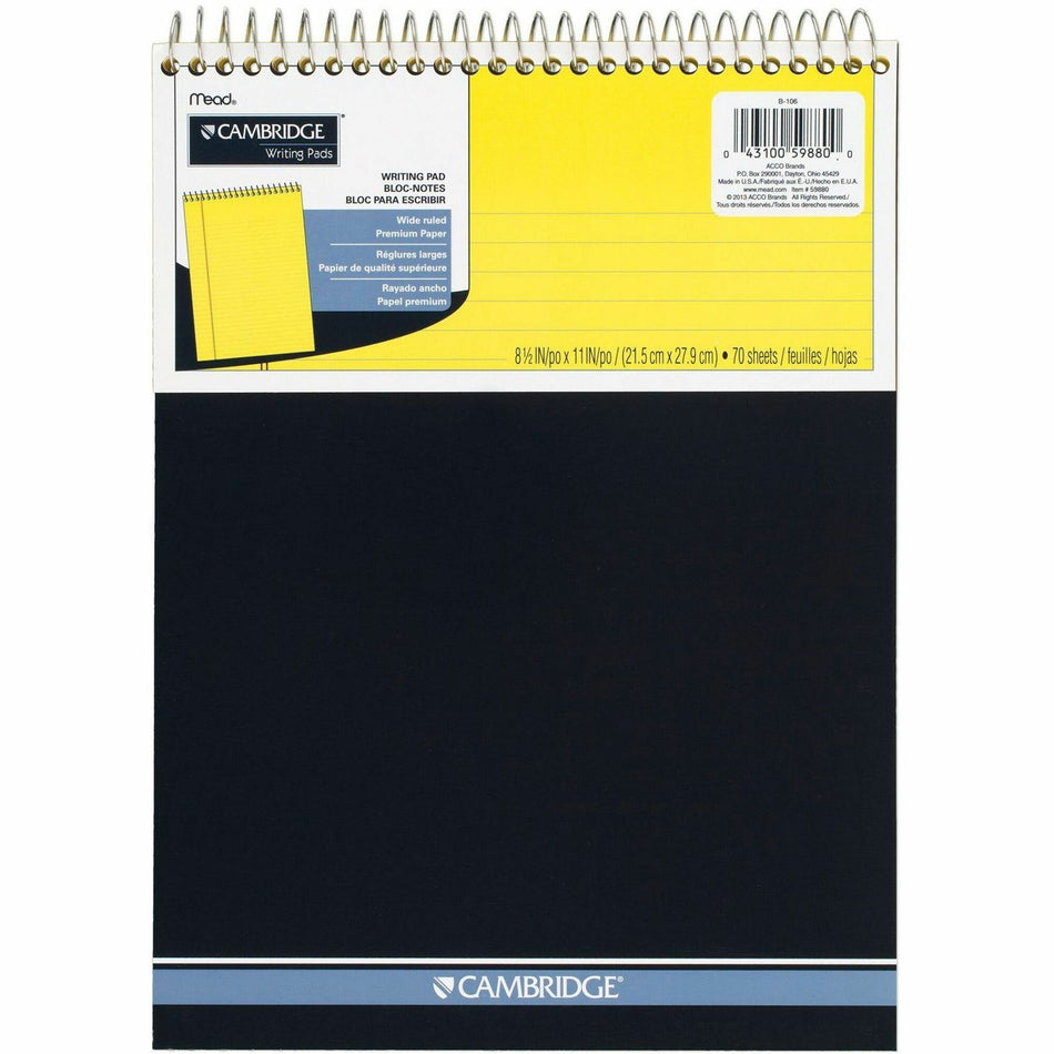 Mead Premium Wirebound Legal Pads - 70 Sheets - Spiral - 20 lb Basis Weight - 8 1/2" x 11 3/4" Sheet Size - Canary Paper - Navy Board Cover - Heavyweight, Micro Perforated, Spiral Lock, Stiff-back - 1 Each
