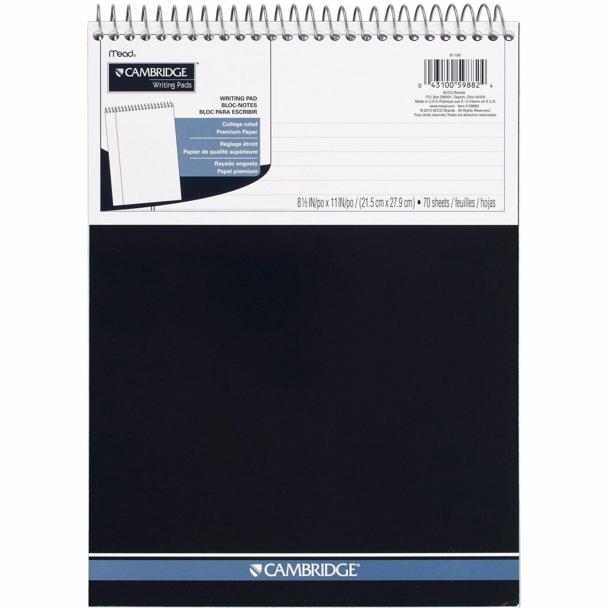 Mead Premium Wirebound College Ruled Legal Pads - 70 Sheets - Spiral - 20 lb Basis Weight - 8 1/2" x 11 3/4" Sheet Size - White Paper - Micro Perforated, Heavyweight, Stiff-back, Spiral Lock - 1 Each
