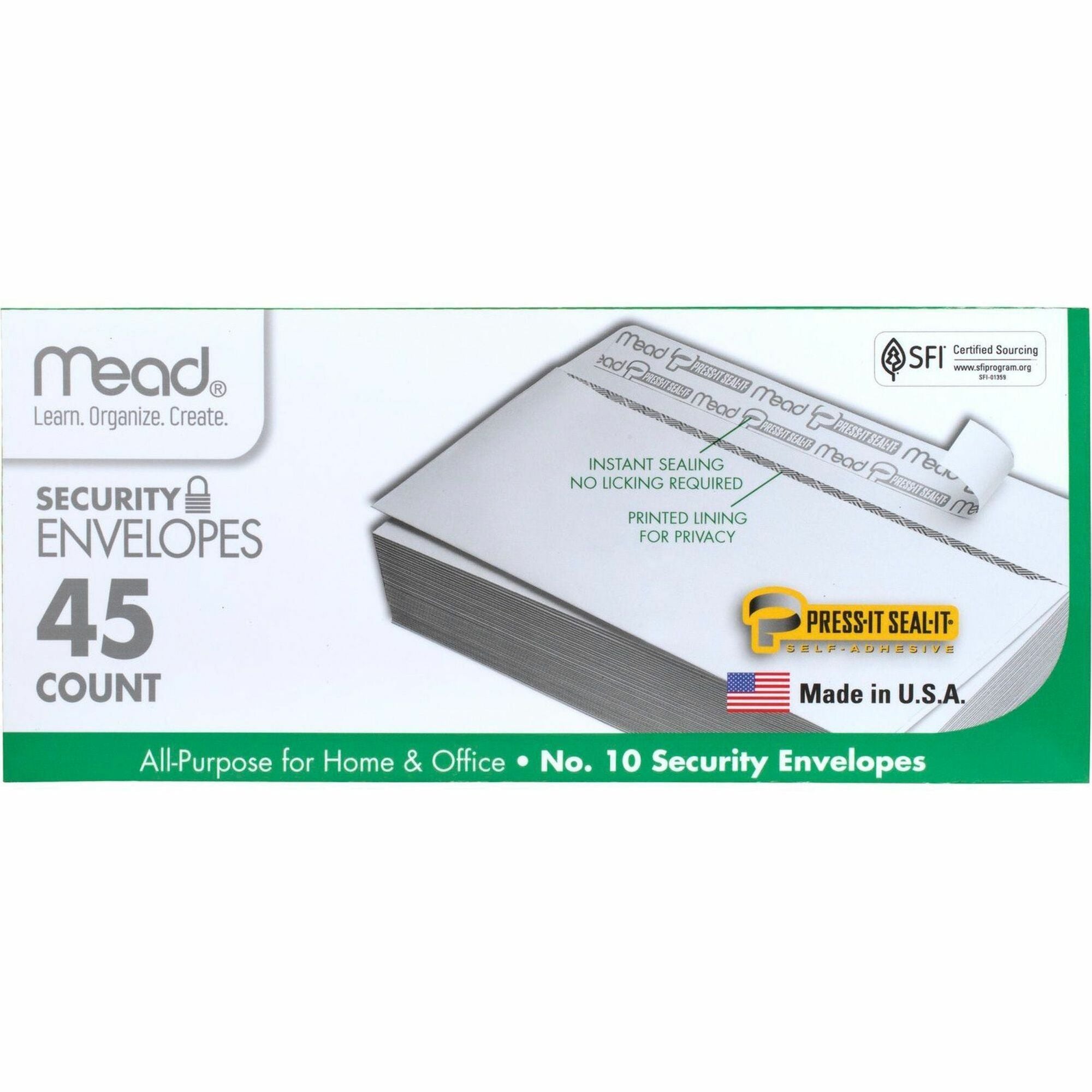 Mead Press-it Seal-it No. 10 Security Envelopes - Security - #10 - 4 1/8" Width x 9 1/2" Length - Peel & Seal - White - 45 / Box