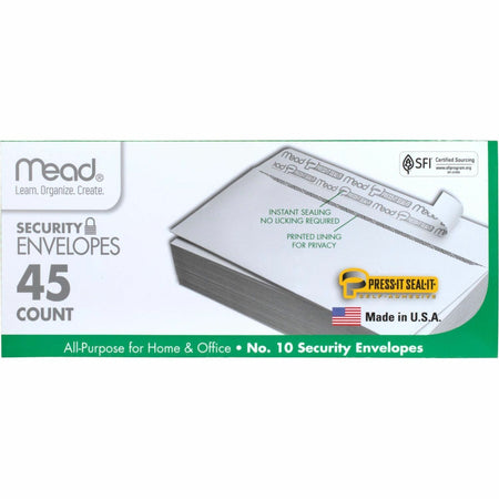 Mead Press-it Seal-it No. 10 Security Envelopes - Security - #10 - 4 1/8" Width x 9 1/2" Length - Peel & Seal - White - 45 / Box
