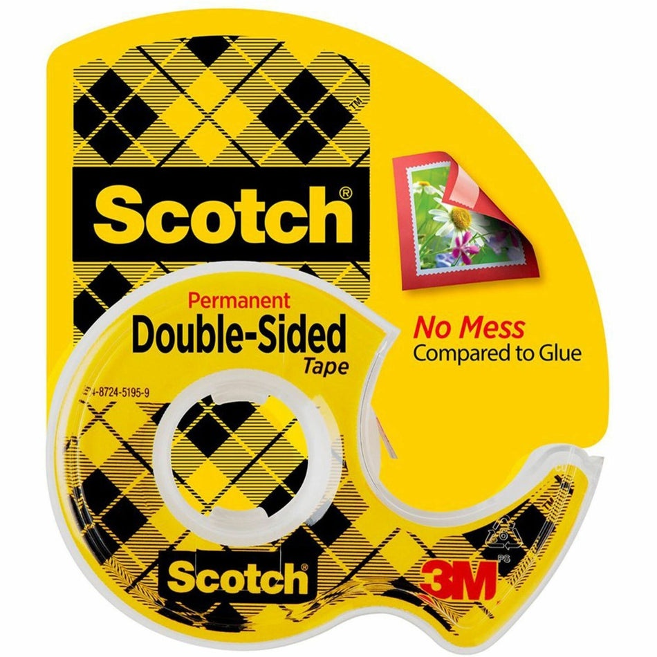 Scotch Double-Sided Tape - 20.83 ft Length x 0.50" Width - 1" Core - Clear - Acrylate - 3 mil - Permanent Adhesive Backing - Dispenser Included - Handheld Dispenser - Long Lasting - For Splicing, Mounting, Decorating, Sealing - 1 Roll
