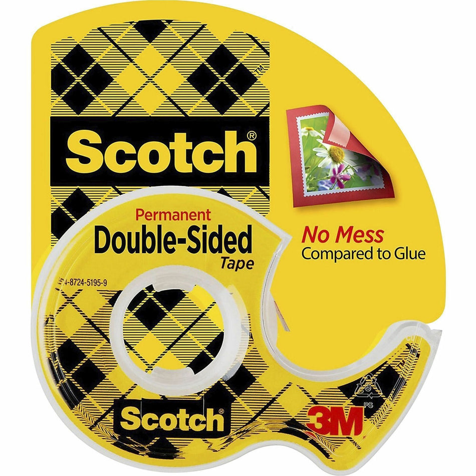 Scotch Double-Sided Tape - 12.50 yd Length x 0.50" Width - 1" Core - Clear - Acrylate - Permanent Adhesive Backing - Dispenser Included - Handheld Dispenser - Long Lasting - For Splicing, Mount Picture/Poster - 1 Roll