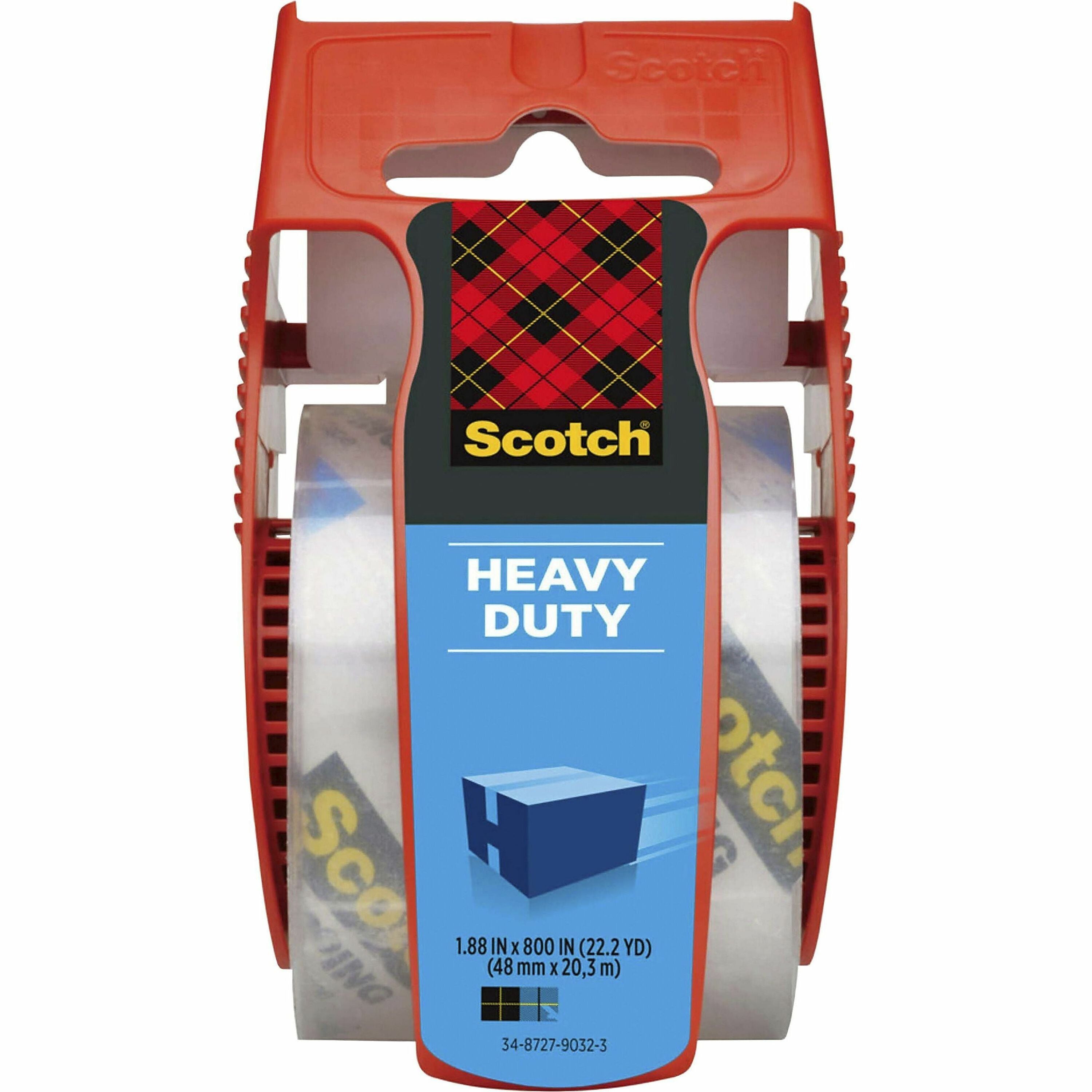 Scotch Super-Strength Packaging Tape - 22.20 yd Length x 1.88" Width x 3.1 mil Thickness - 1 1/2" Core - Clear - Synthetic Rubber Resin - Dispenser Included - Handheld Dispenser - Moisture Resistant, Split Resistant - For Packing, Shipping - 1 Roll