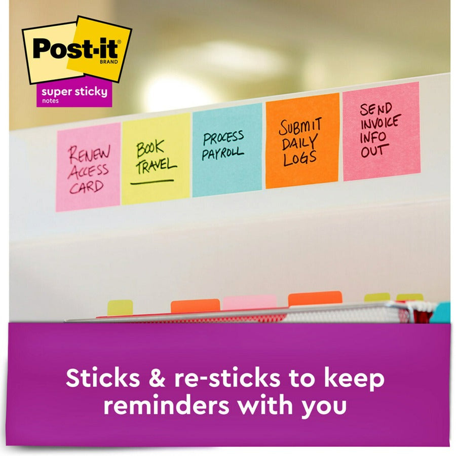 Post-it® Super Sticky Notes - Supernova Neons Color Collection - 135 - 3" Flag/Note Width x 3" Flag/Note Length - Square - 45 Sheets per Pad - Unruled - Aqua Splash, Acid Lime, Tropical Pink - Paper - Self-adhesive - 3 / Pack