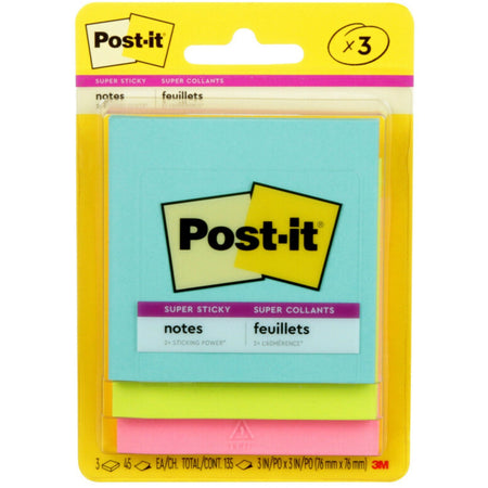 Post-it® Super Sticky Notes - Supernova Neons Color Collection - 135 - 3" Flag/Note Width x 3" Flag/Note Length - Square - 45 Sheets per Pad - Unruled - Aqua Splash, Acid Lime, Tropical Pink - Paper - Self-adhesive - 3 / Pack