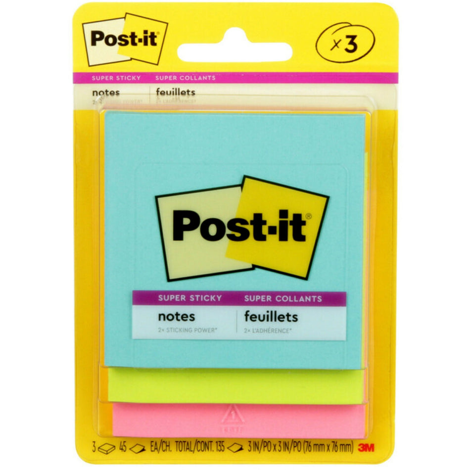 Post-it® Super Sticky Notes - Supernova Neons Color Collection - 135 - 3" Flag/Note Width x 3" Flag/Note Length - Square - 45 Sheets per Pad - Unruled - Aqua Splash, Acid Lime, Tropical Pink - Paper - Self-adhesive - 3 / Pack