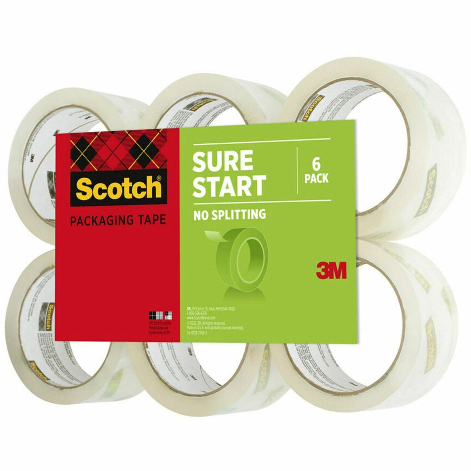 Scotch Sure Start Packaging Tape - 54.60 yd Length x 1.88" Width x 2.6 mil Thickness - 3" Core - Clear - Synthetic Rubber Resin - 2.95 mil - Sliver Resistant, Moisture Resistant, Split Resistant - For Sealing, Mailing, Packing, Moving - 6 / Pack