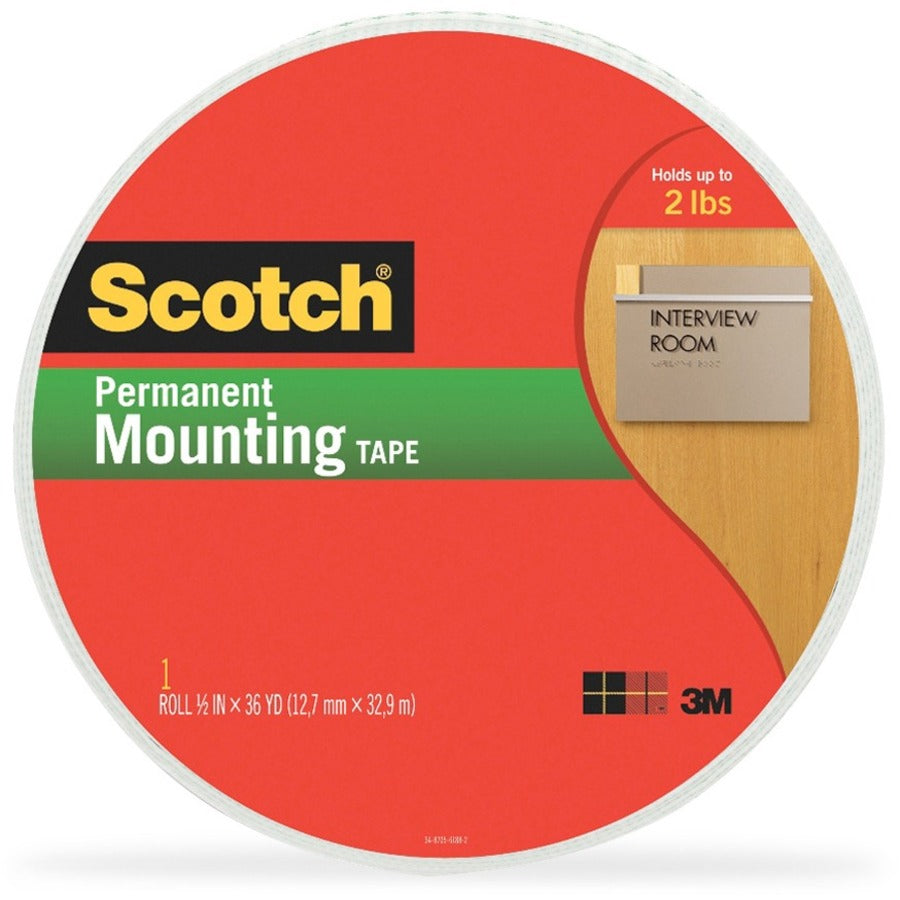 Scotch Double-Coated Foam Mounting Tape - 36 yd Length x 0.50" Width x 62.5 mil Thickness - 1" Core - White - Polyurethane - Long Lasting, Temperature Resistant - For Mounting - 1 Roll