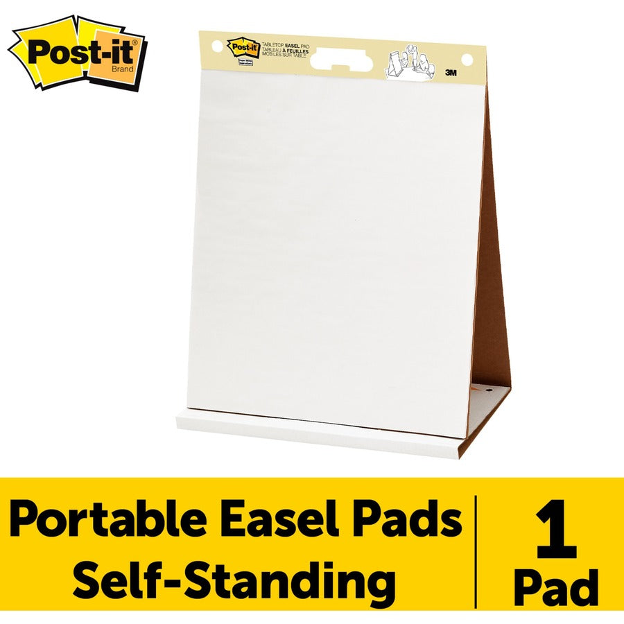 Post-it®  Tabletop Easel Pads - 20 Sheets - Plain - Stapled - 18.50 lb Basis Weight - 20" x 23" Sheet Size - White Paper - Cardboard Cover - Resist Bleed-through, Self-adhesive, Perforated, Built-in Stand, Repositionable, Refillable - 1 Pad
