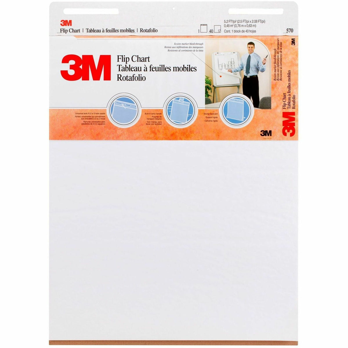 3M Flip Charts - 40 Sheets - Plain - Stapled - 18.50 lb Basis Weight - 25" x 30" Sheet Size - White Paper - Cardboard Cover - Resist Bleed-through, Heavyweight, Sturdy Back - 2 / Carton
