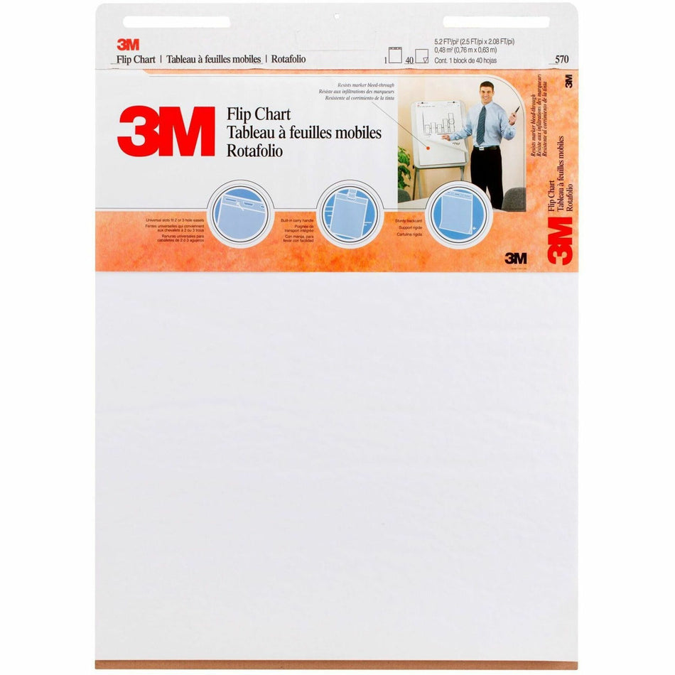 3M Flip Charts - 40 Sheets - Plain - Stapled - 18.50 lb Basis Weight - 25" x 30" Sheet Size - White Paper - Cardboard Cover - Resist Bleed-through, Heavyweight, Sturdy Back - 2 / Carton