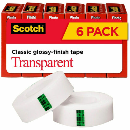Scotch Transparent Tape - 3/4"W - 27.78 yd Length x 0.75" Width - 1" Core - Clear - Moisture Resistant, Stain Resistant, Long Lasting - For Mending, Packing, Multipurpose, Wrapping, Label Protection - 6 / Pack