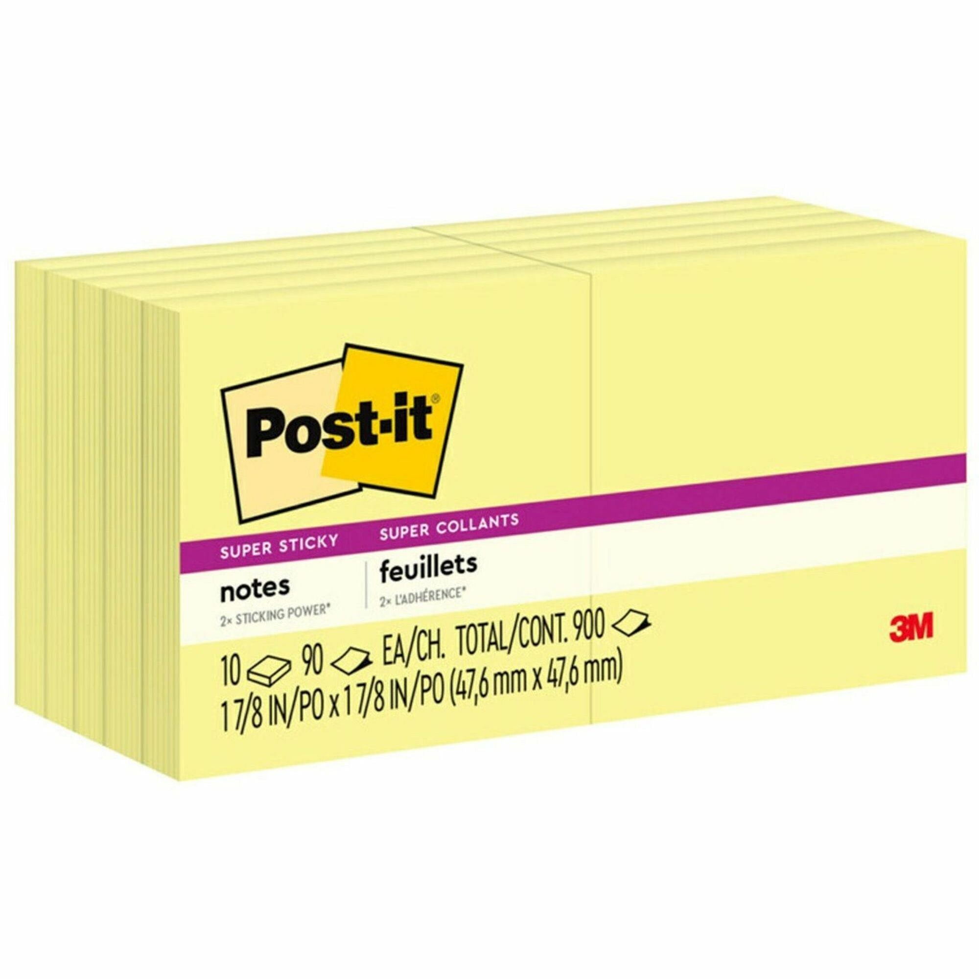 Post-it® Super Sticky Adhesive Notes - 900 - 2" Flag/Note Width x 2" Flag/Note Length - Square - 90 Sheets per Pad - Unruled - Yellow - Paper - Self-adhesive - 10 / Pack