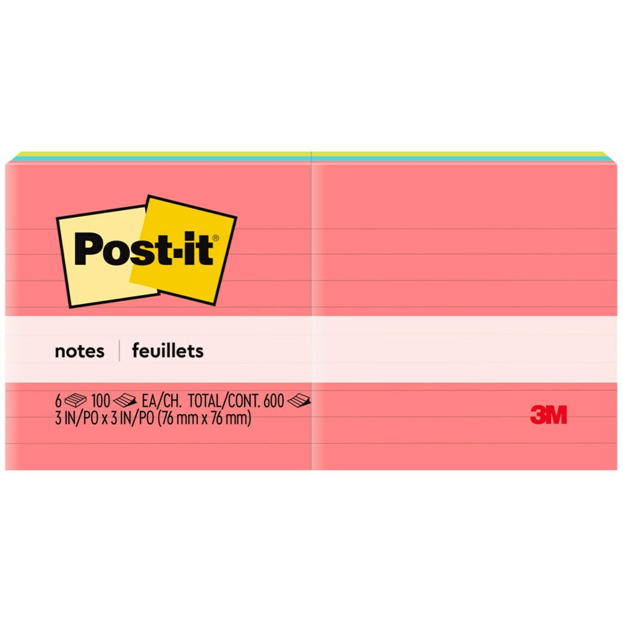 Post-it® Lined Notes - Poptimistic Color Collection - 600 - 3" Flag/Note Width x 3" Flag/Note Length - Square - 100 Sheets per Pad - Ruled - Pink, Blue, Green - Paper - Self-adhesive, Repositionable - 6 / Pack