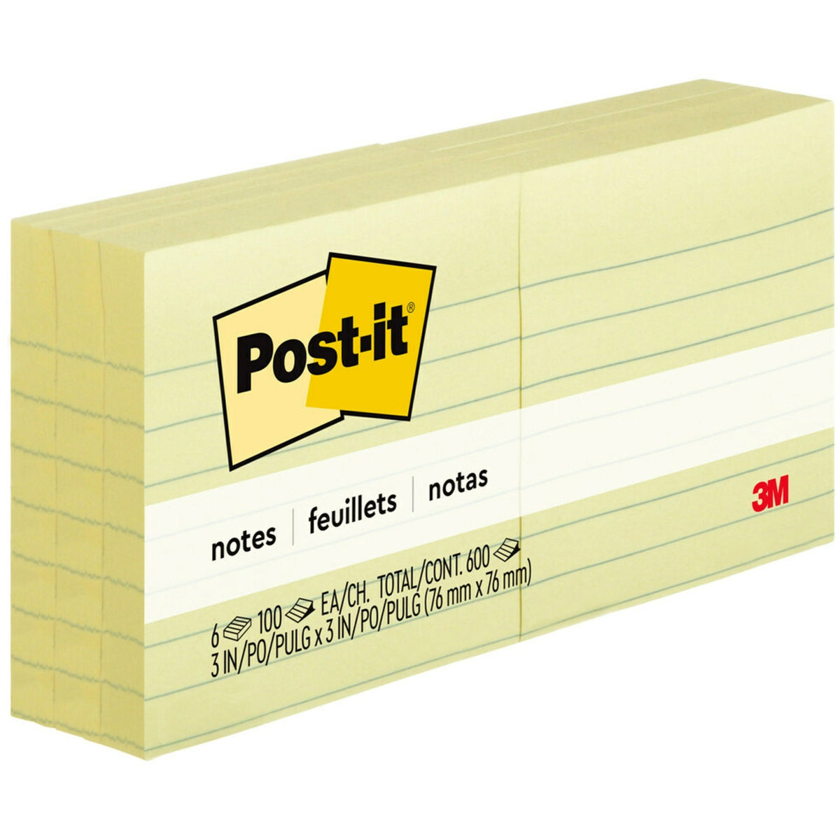 Post-it® Lined Notes - 600 x Canary Yellow - 3" Flag/Note Width x 3" Flag/Note Length - Square - 100 Sheets per Pad - Ruled - Yellow - Paper - Self-adhesive, Repositionable, Removable - 6 / Pack