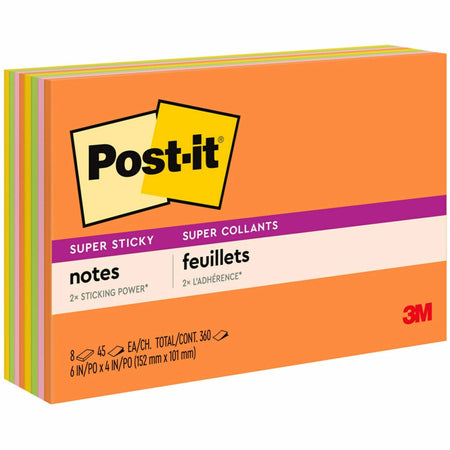 Post-it® Super Stick Notes - Energy Boost Color Collection - 360 - 6" Flag/Note Width x 4" Flag/Note Length - Rectangle - 45 Sheets per Pad - Unruled - Vital Orange, Limeade, Tropical Pink, Sunnyside - Paper - Self-adhesive - 8 / Pack