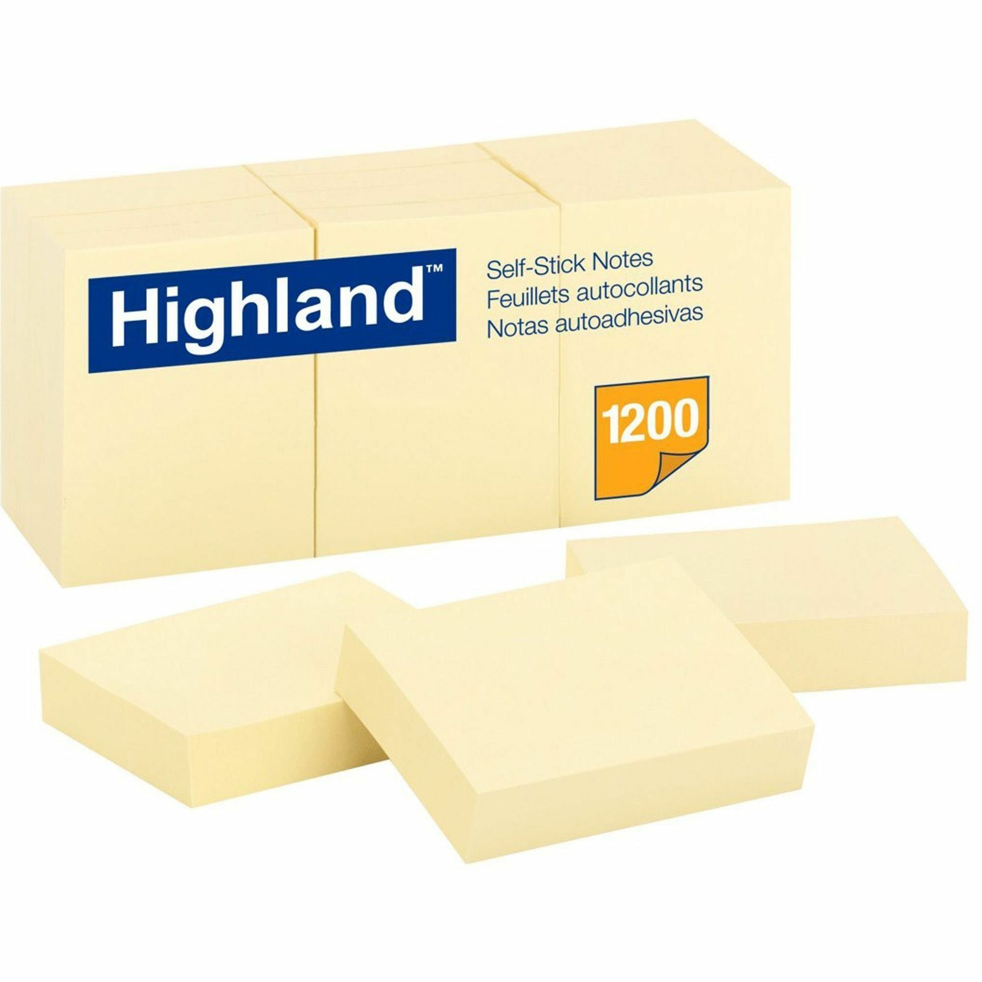 Highland Self-Sticking Notepads - 1200 - 1 1/2" Flag/Note Width x 2" Flag/Note Length - Rectangle - 100 Sheets per Pad - Unruled - Yellow - Paper - Self-adhesive, Repositionable - 12 / Pack