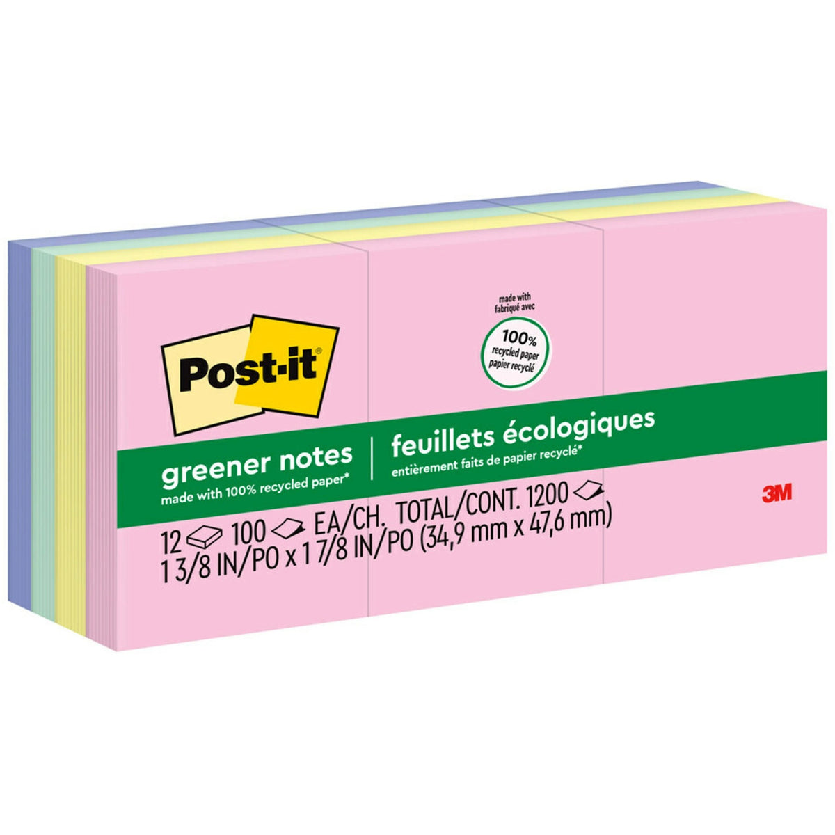 Post-it® Greener Notes - 1200 - 1 1/2" Flag/Note Width x 2" Flag/Note Length - Rectangle - 100 Sheets per Pad - Unruled - Positively Pink, Canary Yellow, Fresh Mint, Moonstone - Paper - Self-adhesive, Repositionable - Recycled - 12 / Pack