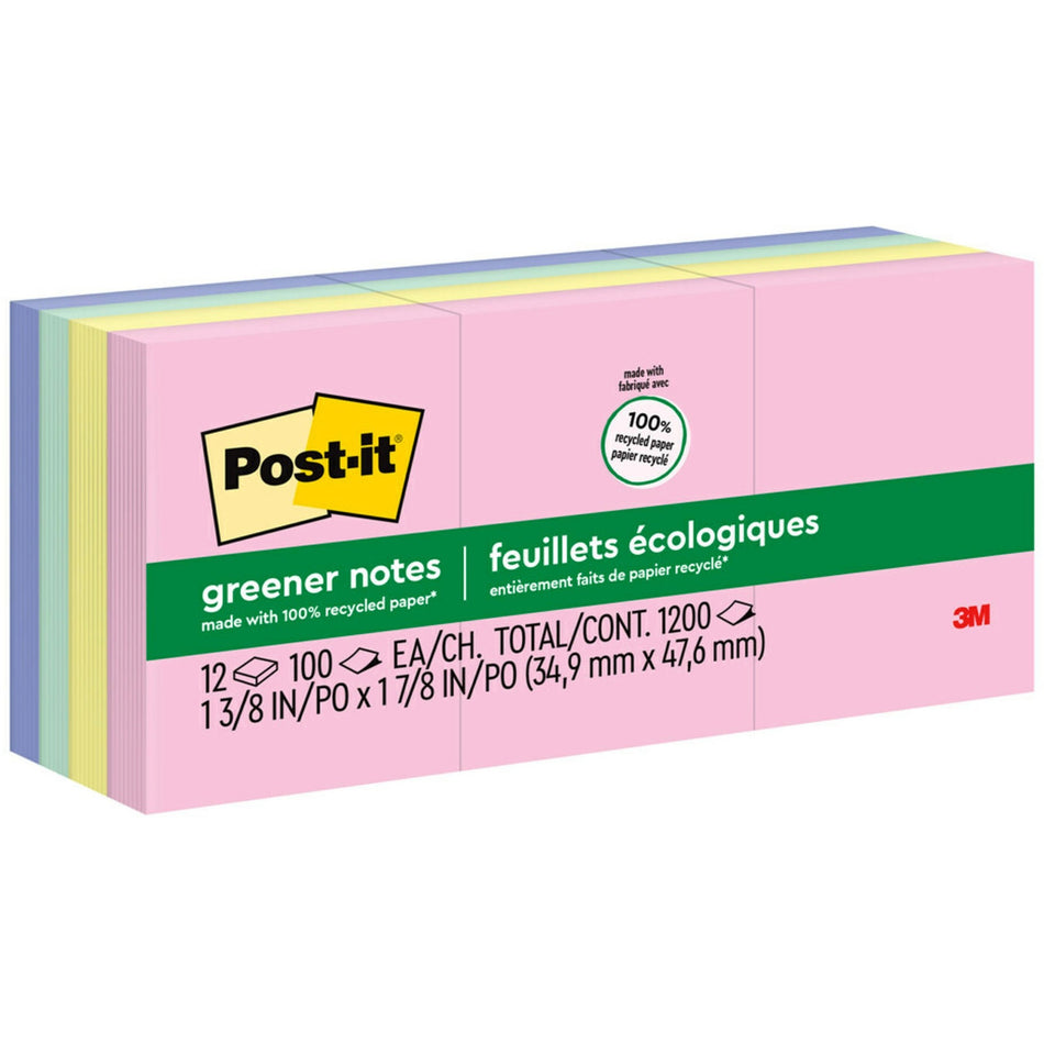 Post-it® Greener Notes - 1200 - 1 1/2" Flag/Note Width x 2" Flag/Note Length - Rectangle - 100 Sheets per Pad - Unruled - Positively Pink, Canary Yellow, Fresh Mint, Moonstone - Paper - Self-adhesive, Repositionable - Recycled - 12 / Pack