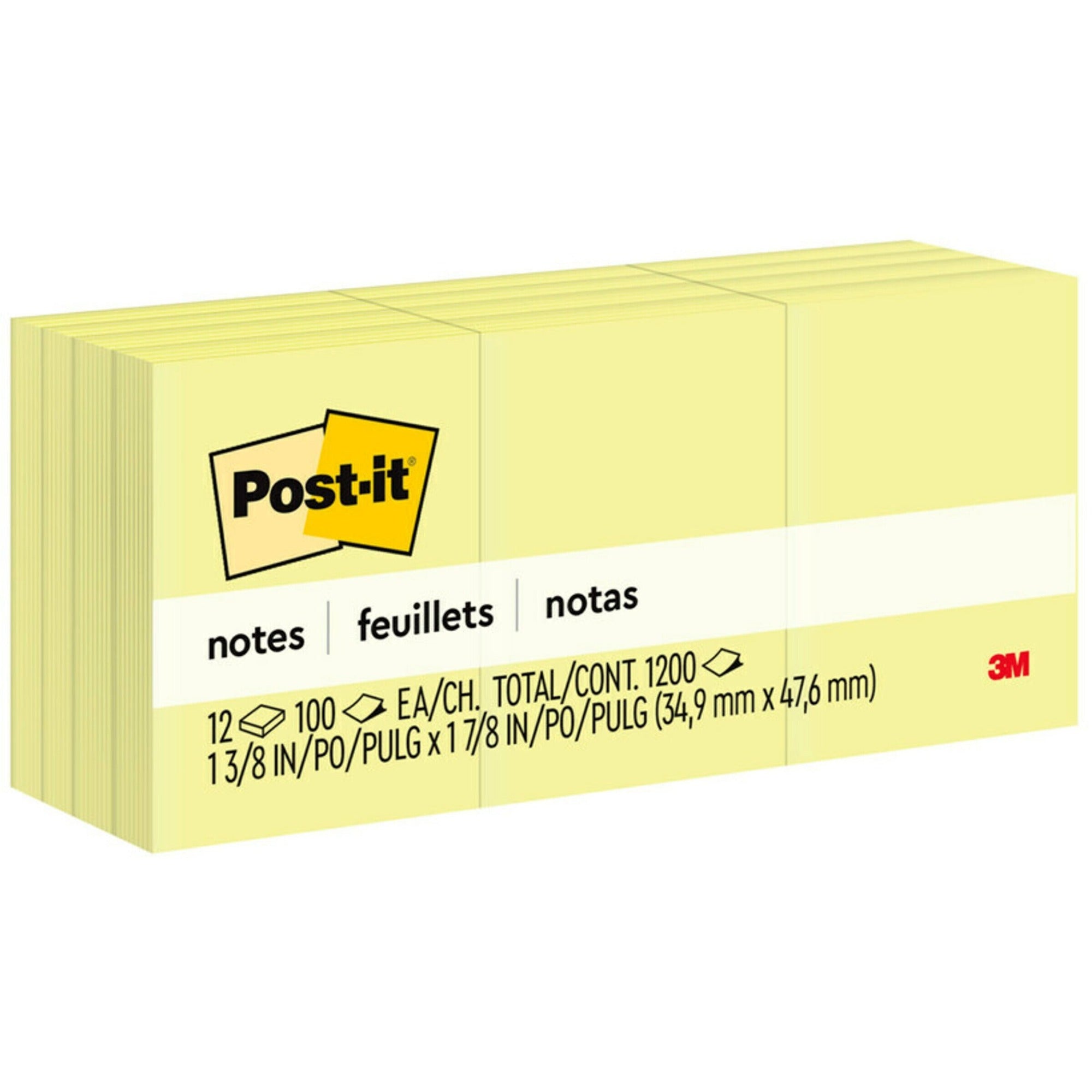 Post-it® Notes Original Notepads - 1 3/8" Flag/Note Width x 1 7/8" Flag/Note Length - Rectangle - 100 Sheets per Pad - Unruled - Canary Yellow - Paper - Self-adhesive, Repositionable - 12 / Pack