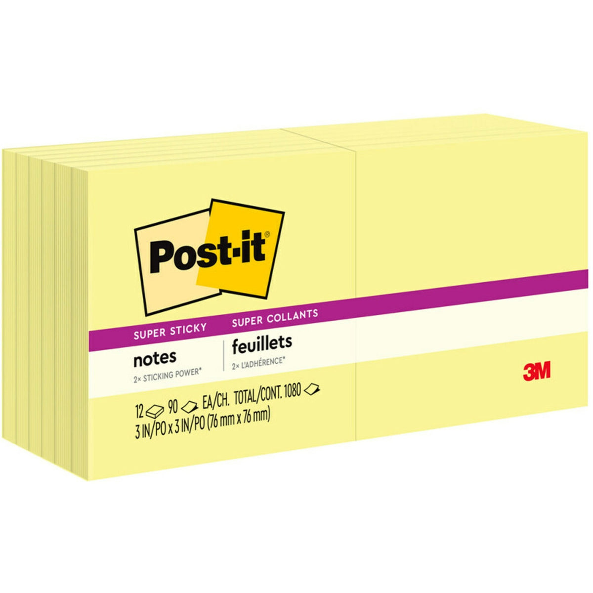 Post-it® Super Sticky Notes - 1080 - 3" Flag/Note Width x 3" Flag/Note Length - Square - 90 Sheets per Pad - Unruled - Canary Yellow - Paper - Self-adhesive - 12 / Pack