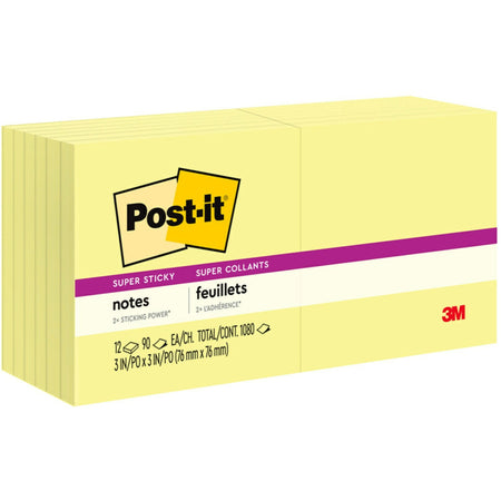Post-it® Super Sticky Notes - 1080 - 3" Flag/Note Width x 3" Flag/Note Length - Square - 90 Sheets per Pad - Unruled - Canary Yellow - Paper - Self-adhesive - 12 / Pack