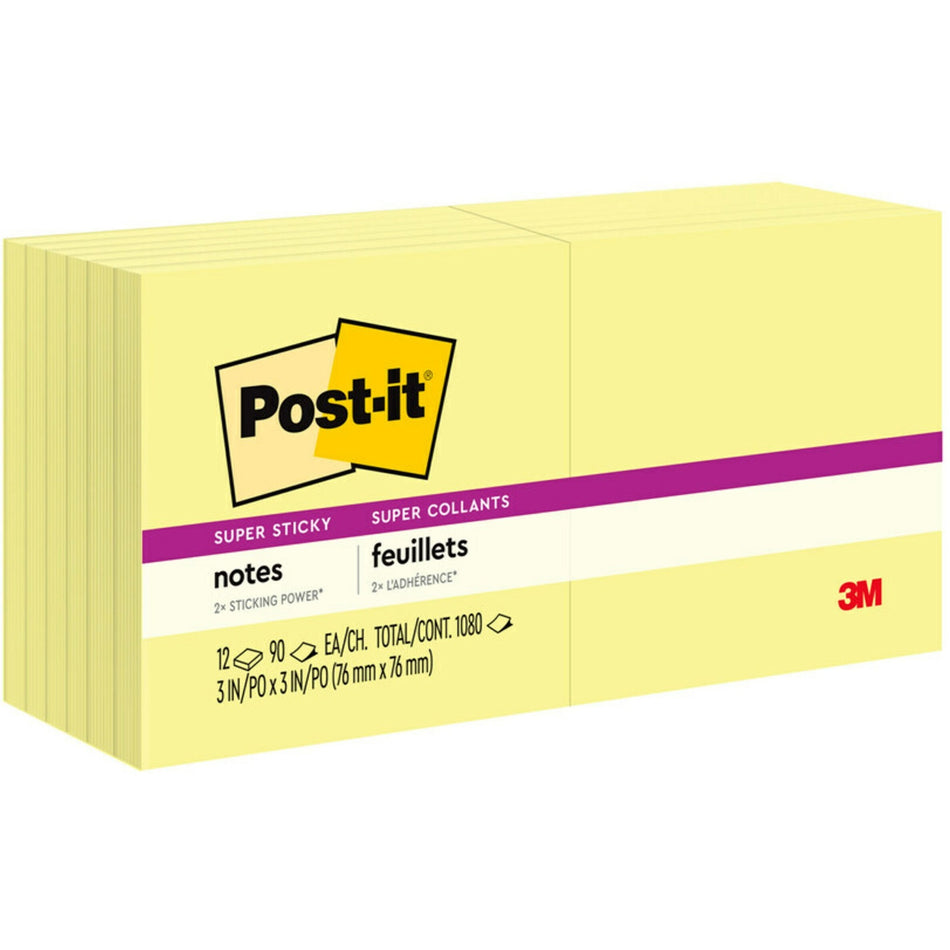 Post-it® Super Sticky Notes - 1080 - 3" Flag/Note Width x 3" Flag/Note Length - Square - 90 Sheets per Pad - Unruled - Canary Yellow - Paper - Self-adhesive - 12 / Pack