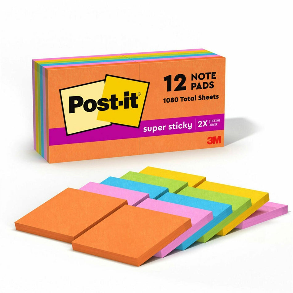 Post-it® Super Sticky Notes - Energy Boost Color Collection - 1080 - 3" Flag/Note Width x 3" Flag/Note Length - Square - 90 Sheets per Pad - Unruled - Vital Orange, Tropical Pink, Sunnyside, Blue Paradise, Limeade - Paper - Self-adhesive - 12 / Pack