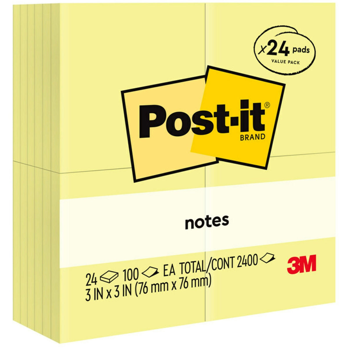 Post-it® Notes Value Pack - 100 - 3" Flag/Note Width x 3" Flag/Note Length - Square - Unruled - Canary - Self-adhesive - 24 / Pack
