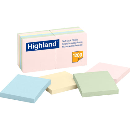 Highland Self-Sticking Notepads: 3’’ Square Assorted Pastel 100 Sheets - 12 Pack - Adhesive Notes & Dispensers