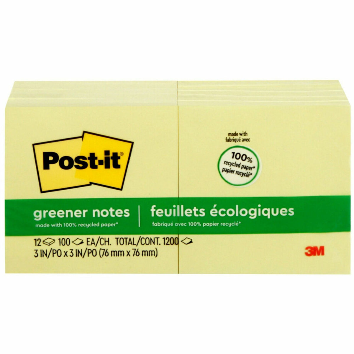 Post-it® Greener Notes - 1200 - 3" Flag/Note Width x 3" Flag/Note Length - Square - 100 Sheets per Pad - Unruled - Canary Yellow - Paper - Self-adhesive, Repositionable - Recycled - 12 / Pack
