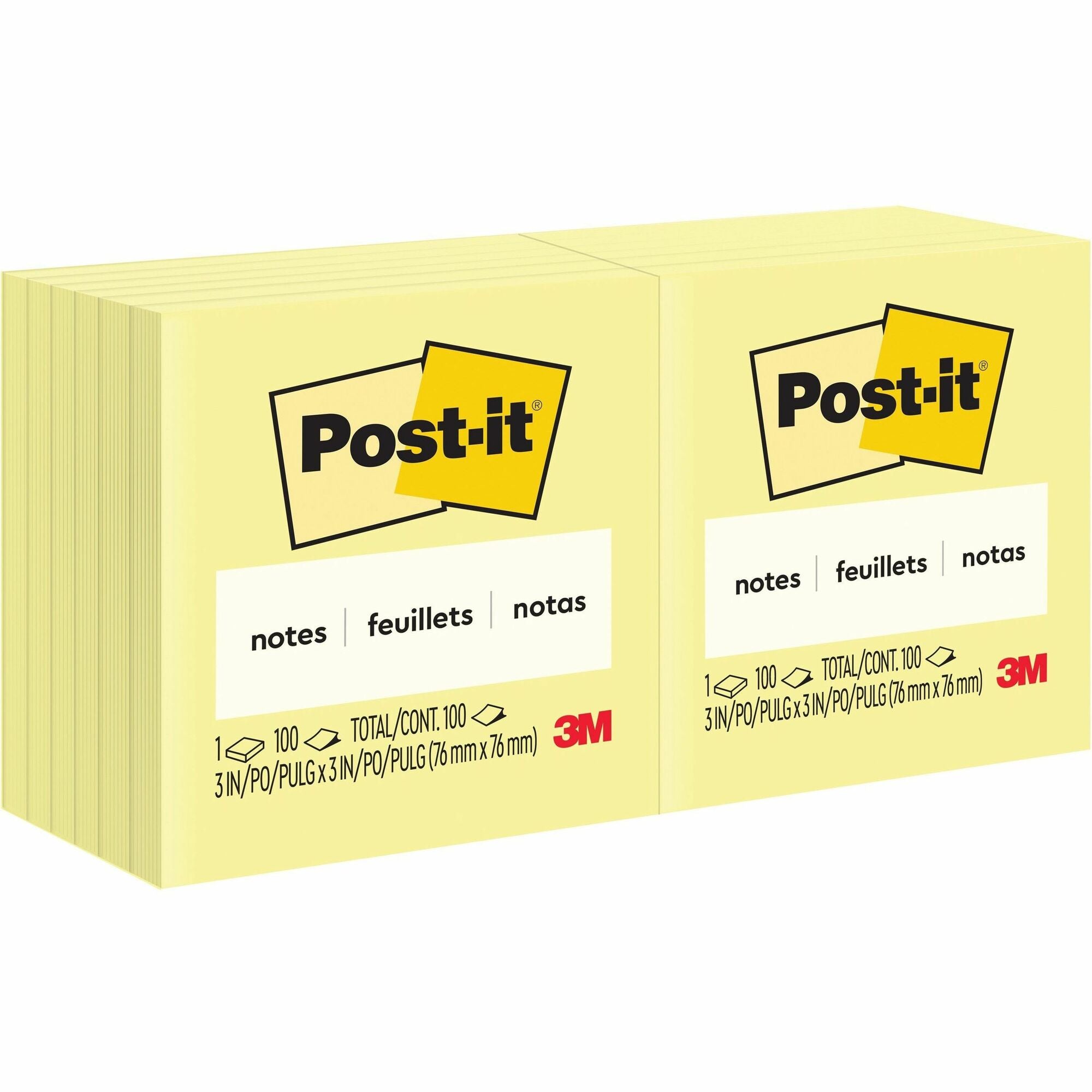 Post-it® Notes Original Notepads - 3" Flag/Note Width x 3" Flag/Note Length - Square - 100 Sheets per Pad - Unruled - Canary Yellow - Paper - Self-adhesive, Repositionable - 12 / Pack