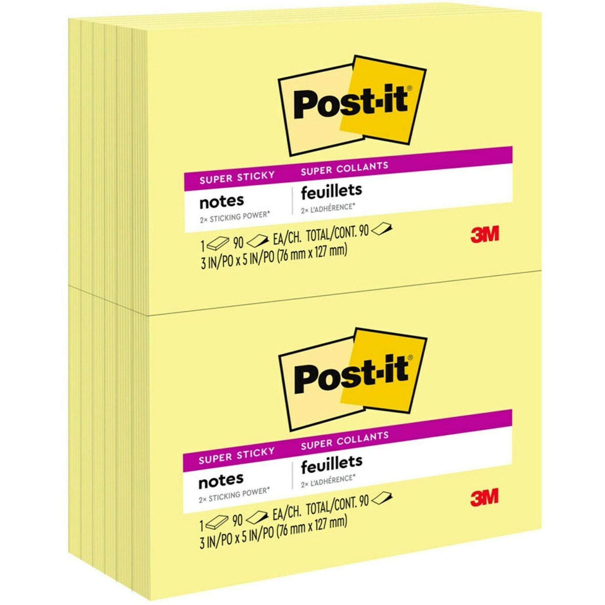 Post-it® Super Sticky Notes - 1080 - 3" Flag/Note Width x 5" Flag/Note Length - Rectangle - 90 Sheets per Pad - Unruled - Yellow - Paper - Self-adhesive - 12 / Pack