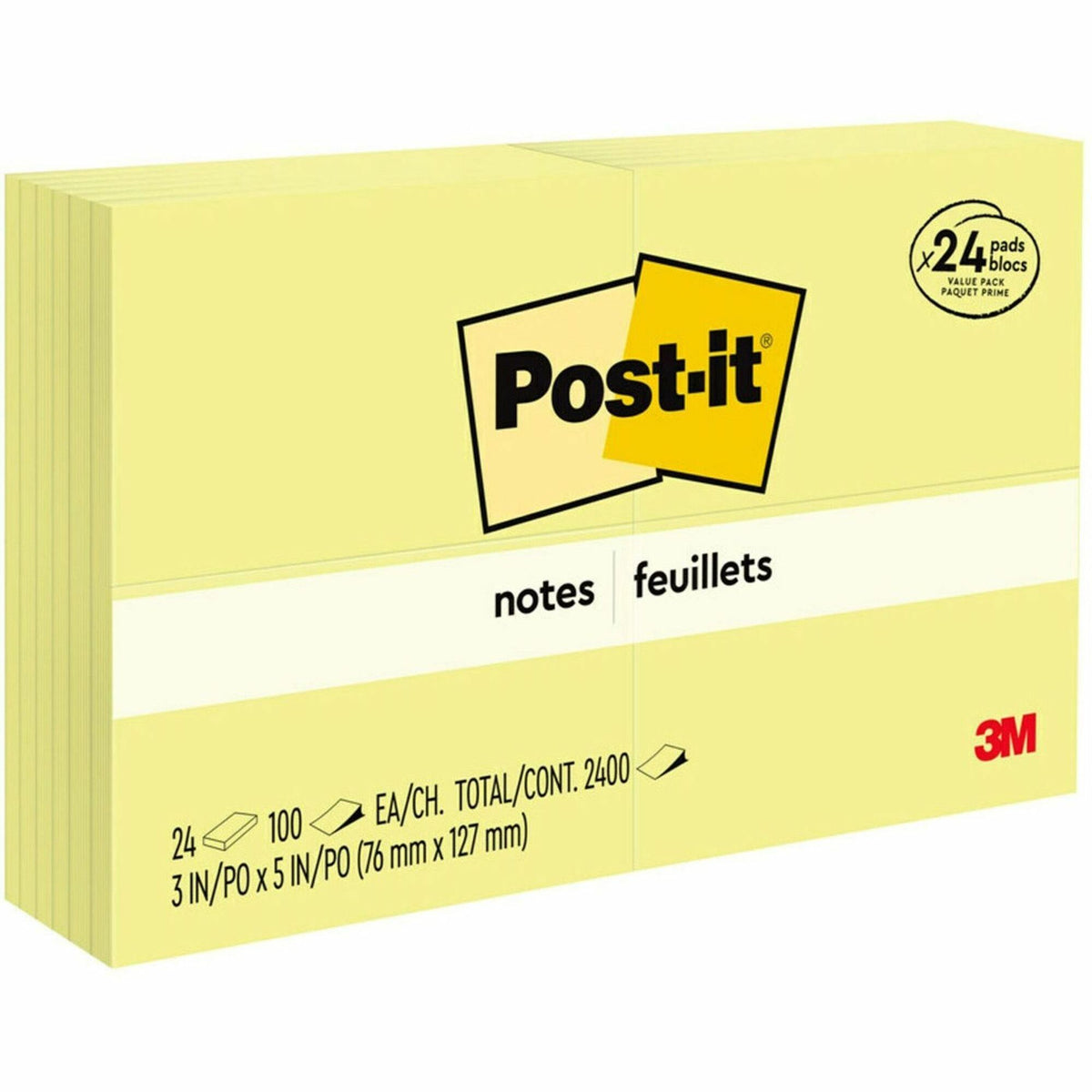 Post-it® Notes Value Pack - 100 - 3" Flag/Note Width x 5" Flag/Note Length - Rectangle - Unruled - Canary - Self-adhesive - 24 / Pack